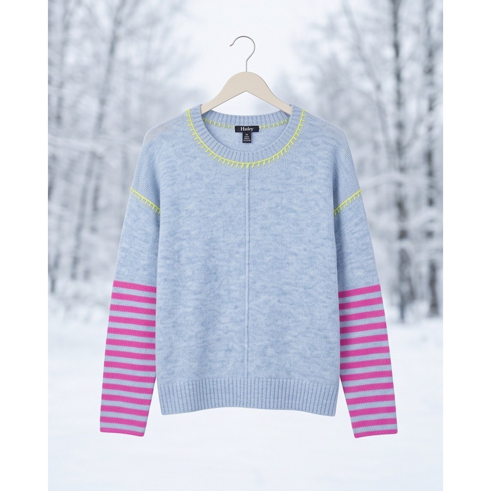 Hatley M Avery Sweater Denim Stripes Blue Pink Wool Blend‎ Crew Neck Medium NWT